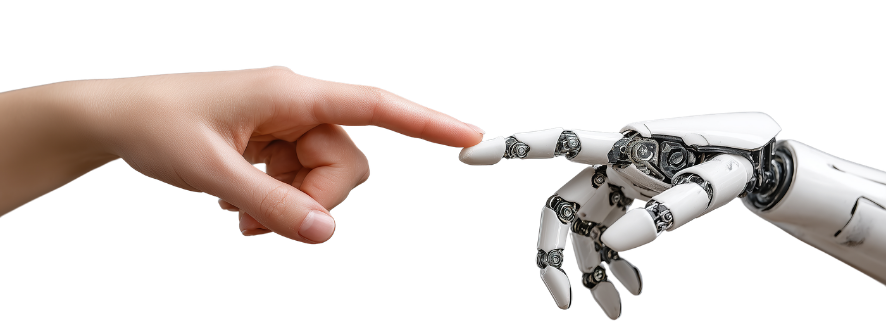 Menschliche und robotische Hand berühren sich als Symbol für technologischen Wandel.