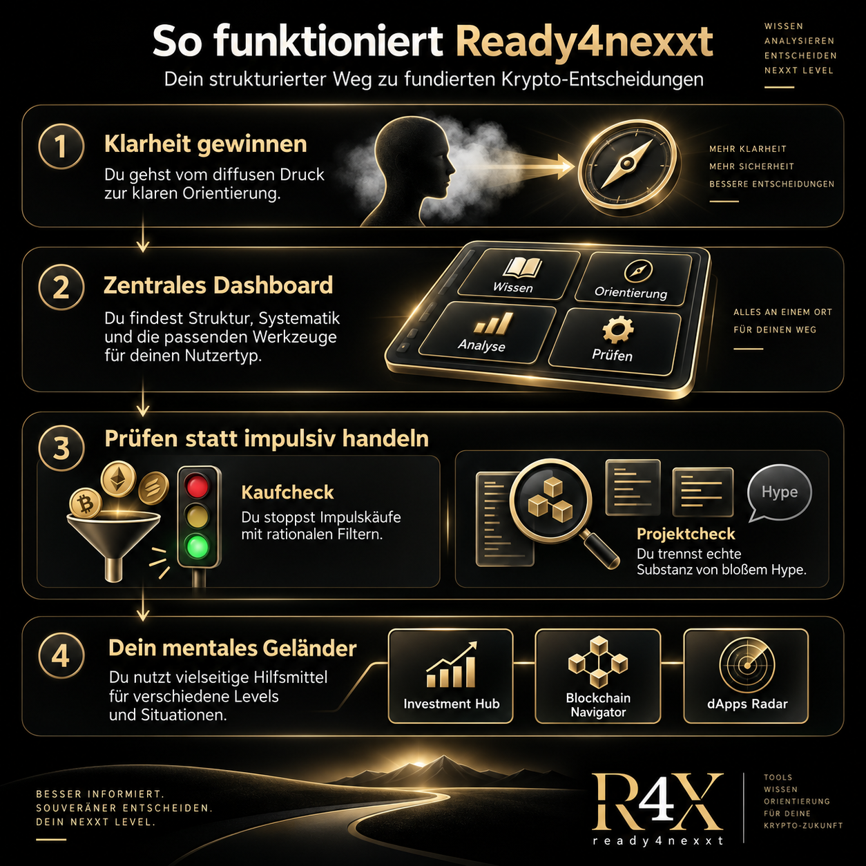 Ready4nexxt Systemübersicht mit Orientierung, Dashboard, Kaufcheck, Projektcheck und weiteren Werkzeugen.